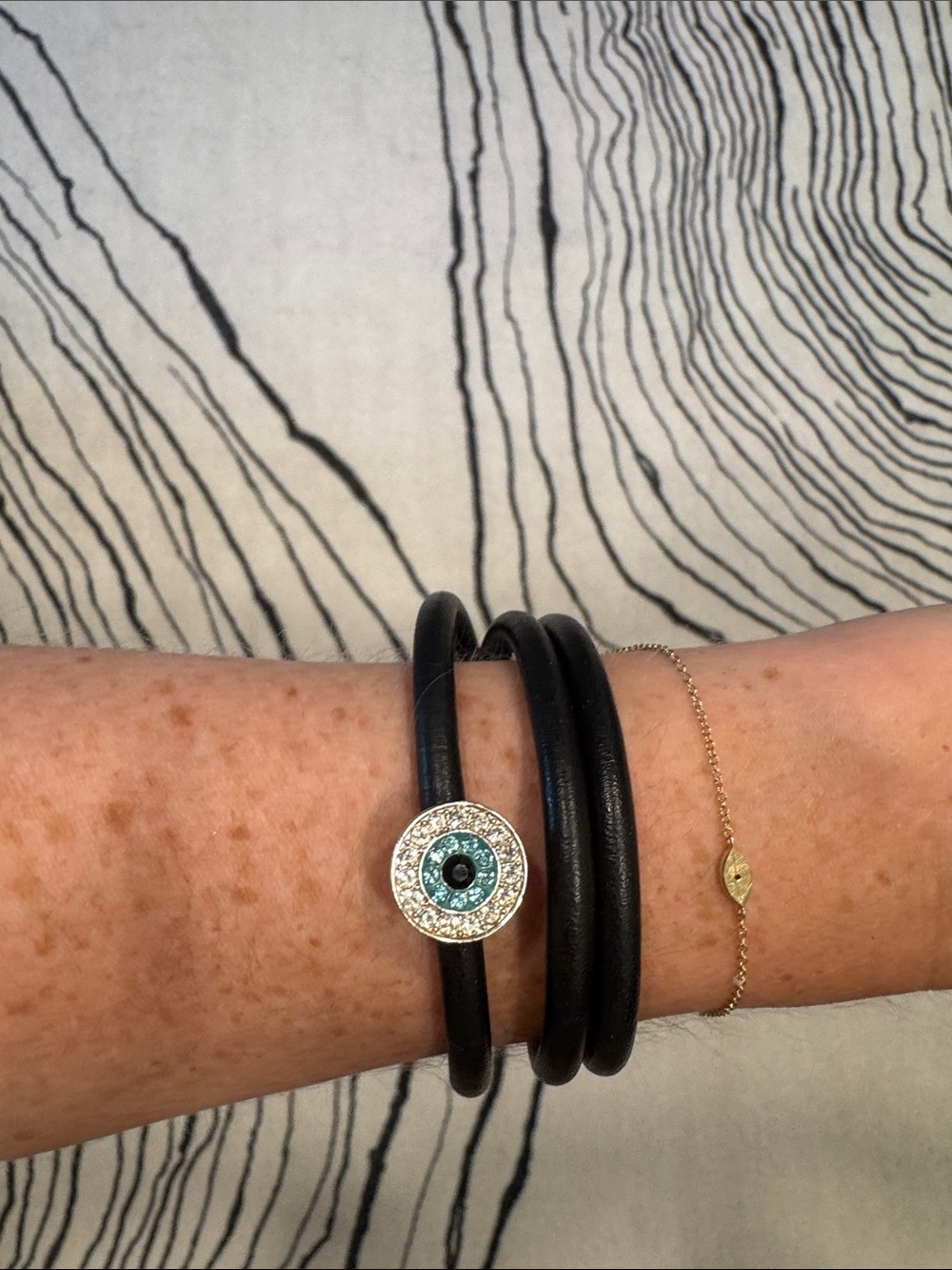 Swarovski Black Leather Wrap Bracelet with Blue Clear Crystal Evil Eye Pendant